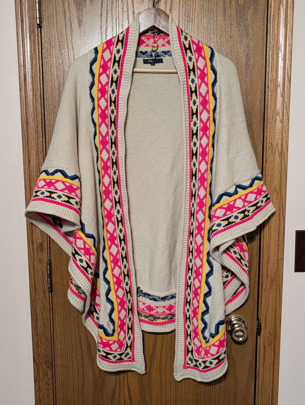 FATE Cream Tribal Fair Isle Knit Open Front Poncho Sweater Cardigan